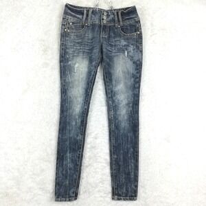 Almost Famous Womens Jeans Skinny Low Rise Blue Denim Acid Wash Distressed 5